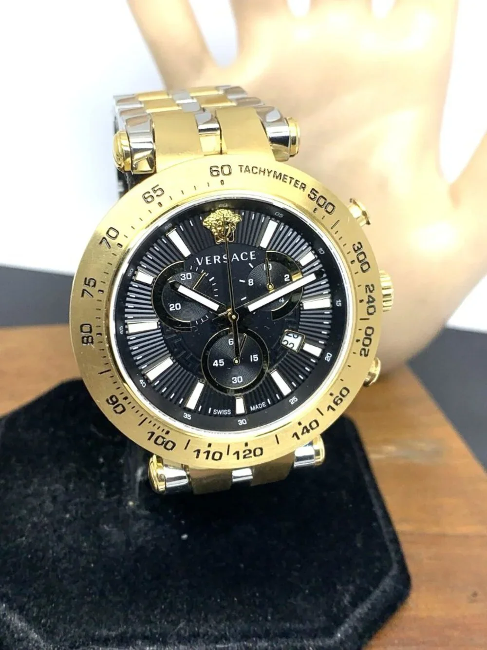 Versace Men's Watch VEJB00622 Swiss Quartz Chronograph Black Dial Two Tone Steel